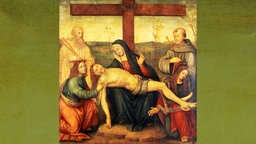 Das Beitragsbild des Vesper Spezial: Bordesholmer Marienklage zeigt ein Ölgemäde auf dem Maria Magdalena den Leichnam Jesu hält der von zwei Frauen gewaschen wird. 