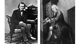 Das Beitragsbild der WDR3 Vesper "Bach und die Ciacona & Bach und Brahms" zeigt eine Collage aus Porträts von Brahms an einem Klavier und Bach an der Orgel.