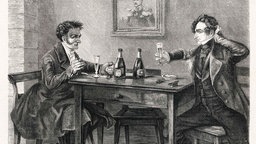 Das Beitragsbild des WDR3 "E T A Hoffmann & So etwas höchst Wunderbares" zeigt die Komponisten E.T.A. Hoffmann und Amadeus in einer Berliner Gaststätte um 1806 auf einem Holzstich der auf einer Fotografie basiert. 