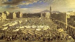 Das Beitragsbild der WDR3 Vesper "Giulia de Caro - 'Die Königin von Neapel'" zeigt das Gemälde "Marktplatz in Neapel", von Angelo Maria Costa aus dem Jahr 1696.