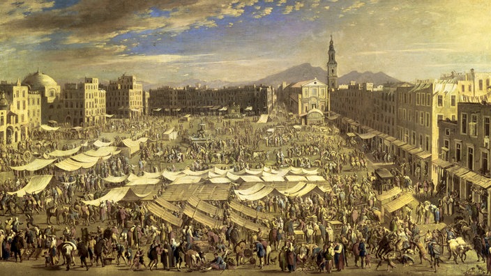 Das Beitragsbild der WDR3 Vesper "Giulia de Caro - 'Die Königin von Neapel'" zeigt das Gemälde "Marktplatz in Neapel", von Angelo Maria Costa aus dem Jahr 1696.