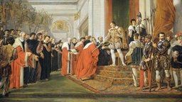 Das Beitragsbild der WDR3 Vesper "'Onse Vader in Hemelryck' & 'Het gouden eeuw'" zeigt auf einem Ölgemälde von Joseph Denis Odevaere die Zeremonie zur Union von Utrecht.