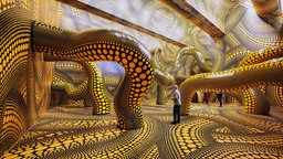 Menschen spazieren durch das Kunstwerk "Infinity Mirrored Room" der  japanischen Künstlerin Yayoi Kusama im Museum Ludwig.
