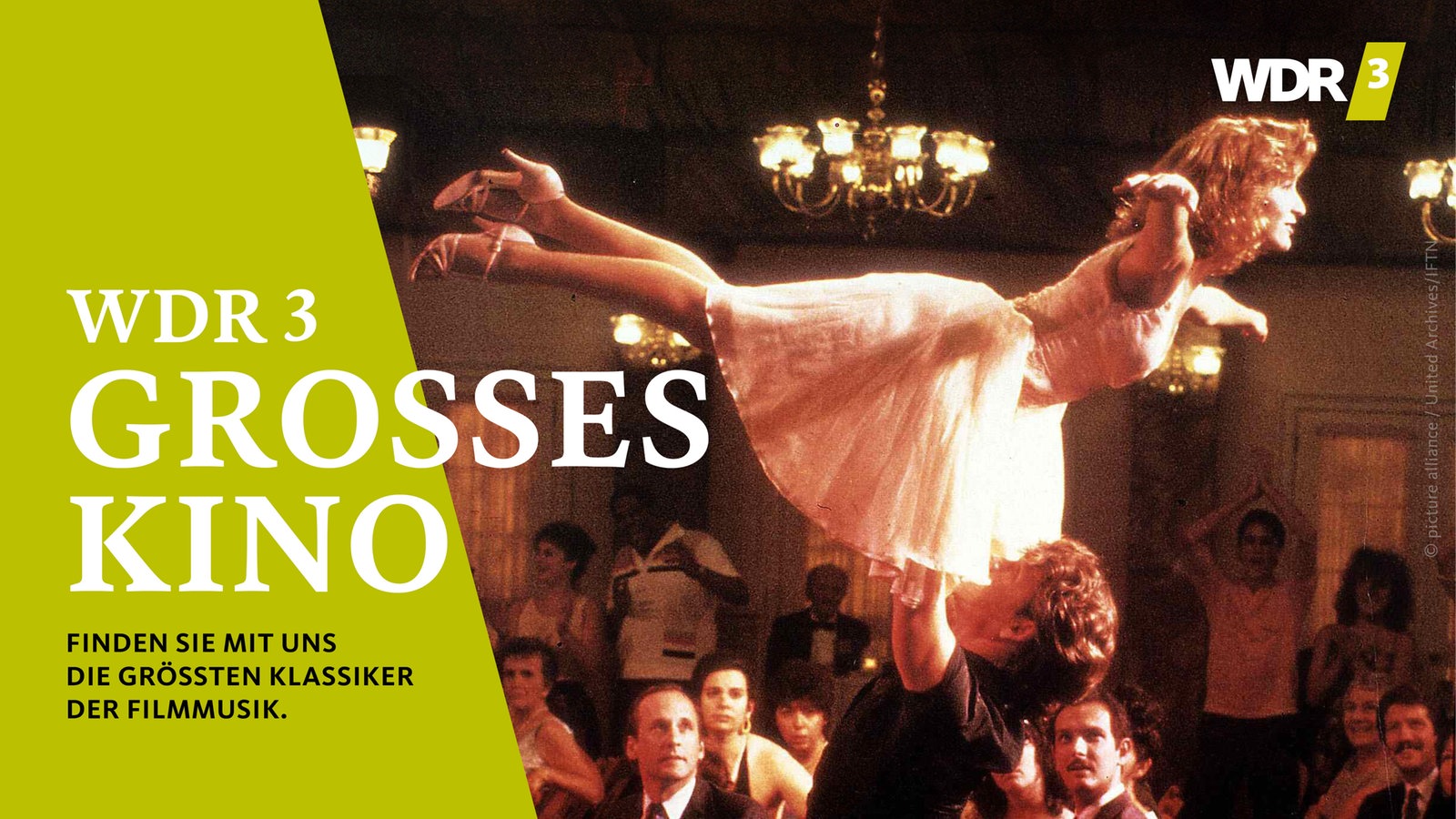 Keyvisual von "WDR 3 - Großes Kino": Ein Filmszene aus "Dirty Dancing" neben dem WDR 3 Logo.