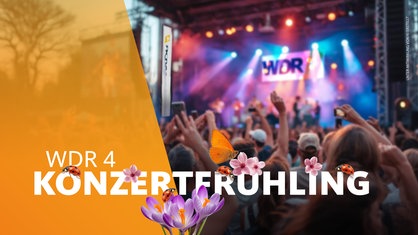 Eine Open-Air-Konzertsituation mit Publikum und Bühne, davor ein Schriftzug mit Frühlingsmotiven: Blüten, Käfer, Schmetterling
