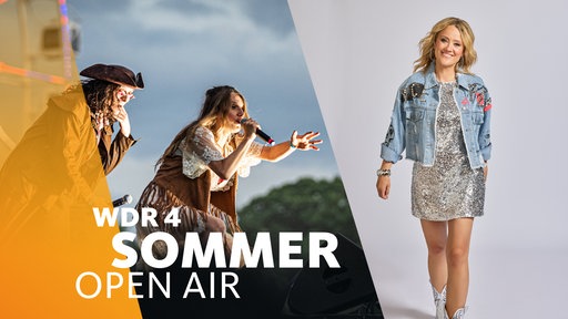 Collage: Links stehen Rednex bei einem Auftritt bei "Rhein in Flammen" in Bonn 2025 auf der Bühne, rechts ist ein Porträtfoto von Comedienne Lisa Feller zu sehen