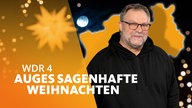 WDR 4 Auges Heimatgeschichten, Joachim Augner vor einem Winterhimmel mit Stern und Mond und einem Umriss von NRW