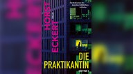 Buchcover: "Die Praktikantin" von Horst Eckert: Eine dunkle Hausfassade bei Nacht, die Fenster sind beleuchtet. Eine Frau steht auf einem Balkon. Der Name des Autors ist in grellem pink über die unbeleuchtetete Seite der Hausfassade gelegt. 
