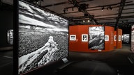 Ausstellung "Amazonia" in Köln: Ein Ausstellungsraum, in dem Schwarz-Weiß-Fotos zu sehen sind. Vorne links im Bild eine große Fotografie, weiter hinten an roten Wänden mehrere etwas kleinere Fotos. 