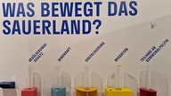 Ausstellung zur Demokratie: An der Wand ist in großen, blauen Buchstaben "Was bewegt das Sauerland?" zu lesen. Darunter können Besucher zwischen Bevölkerungsschutz, Windkraft, Digitalisierung, Migration und Teilhabe and Kommunalpolitik abstimmen.