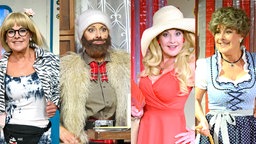 Vier Bilder von Tanja Schumann in verschiedenen Kostümen nebeneinander: Als blonde Frau mit Zebramuster-Jacke, als Mann mit angeklebtem Bart, als Frau mit Sommerhut und Kleid und als Frau mit kurzem Haar im Dirndl. 