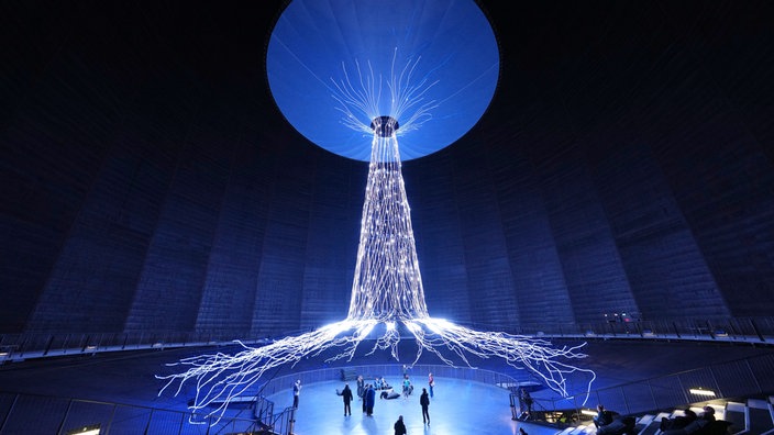 40 Meter hohe Lichtinstallation in Form eines Baums. Die Wurzeln breiten sich strahlenförmig aus. Darunter liegen Besucher der Ausstellung auf dem Boden und schauen den Baum hinauf nach oben. 