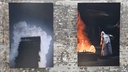 Zwei Fotos der Kohle-Ausstellung vor einer Steinwand
