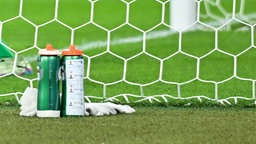 Zwei Trinkflaschen stehen neben einem Fußballtor 