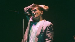Der Musiker Falco mit Mikro, in einem rosafarbenen Sacko, während eines Auftritts im August 1986.