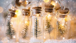Eine weihnachtliche Lichterkette mit kleinen Glasfläschchen mit Korkverschluss, in denen sich jeweils die Lämpchen, kleine Tannenbäume und künstlicher Schnee befinden. Schneefall und glänzende Lichtpunkte verzieren das gesamte Bild. Winterliche Stimmung.