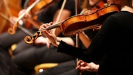 Nahaufnahme von Musikern eines Orchesters, alle in schwarz gekleidet. Im Vordergrund steht eine Violinistin, die gerade ihre Violine spielt, schräg von hinten fotografiert.