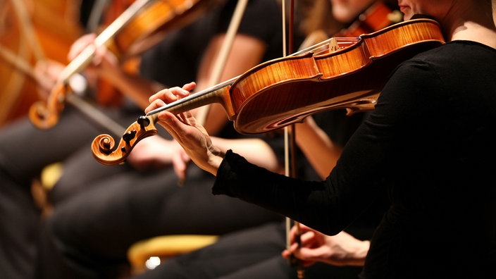 Nahaufnahme von Musikern eines Orchesters, alle in schwarz gekleidet. Im Vordergrund steht eine Violinistin, die gerade ihre Violine spielt, schräg von hinten fotografiert.