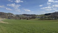 Wiese mit Bäumen, im Hintergrund ein Dorf