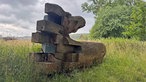 Ein Eichenstamm, der zu einer zweiteiligen Skulptur mit dem Titel "Reise und Heimkehr" aufbereitet wurde, liegt auf einer Wiese. 
