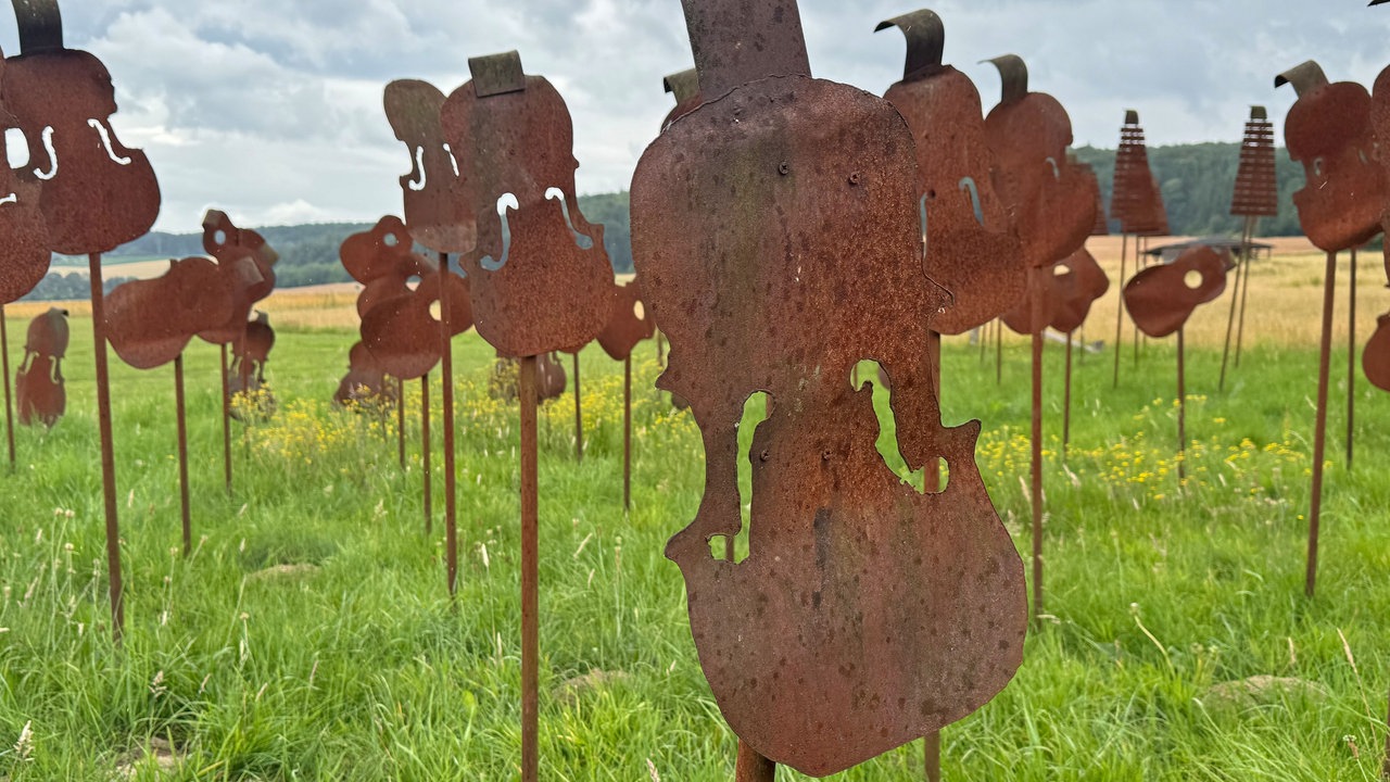 50 Metall-Silhouetten stehen aufgespießt auf Metallstäben auf einem Feld.