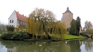 Historisches Schlossgebäude mit Turm am Wassergraben. Im Vordergrund eine große Trauerweide und zwei Schwäne auf dem ruhigen Wasser.