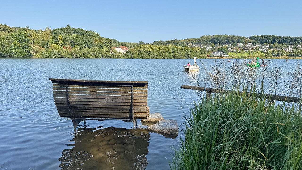 Wandern um den Sorpesee: Holzbank am Strand des Sees im seichten Wasser