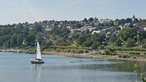 Wandern um den Sorpesee: Blick auf Langscheid am See-Ufer und ein Segelboot auf dem Wasser