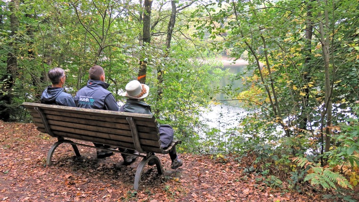 Drei Personen von hinten sichtbar auf einer Bank sizend mit Blick auf die Glörtalsperre