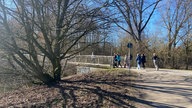 Eine Gruppe Spaziergänger von etwas weiter weg von der Seite fotografiert. Sie gehen auf eine Brücke zu. 