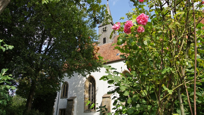 Blick auf eine Kirche von unten betrachtet, gesäumt von Rosenranken