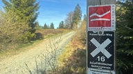 Schild auf einem Wanderweg, auf dem "Rothaarsteig" steht