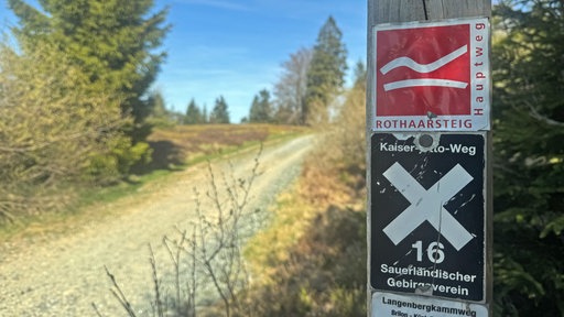 Schild auf einem Wanderweg, auf dem "Rothaarsteig" steht