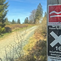 Schild auf einem Wanderweg, auf dem "Rothaarsteig" steht