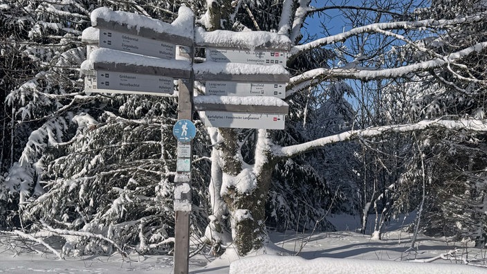 Ein Wegweiser der Winterwanderwege in der Winterlandschaft