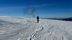 Ein Wanderer in der Winterlandschaft unter blauem Himmel