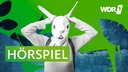 Ein als Hase verkleideter Mensch vor den Umrissen von Pflanzen