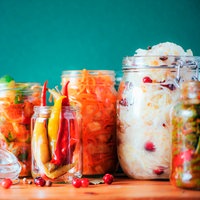 Verschiedenes fermentiertes Gemüse in Einmachgläsern: Karotten, Kimchi, Beete, Sauerkraut und saure Gurken.