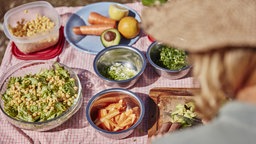 Eine Person greift nach dem Salat bei einem Picknick