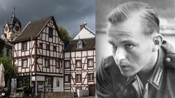 Fachwerkhäuser am Alter Markt in Euskirchen, daneben ein Schwarz-Weiß-Porträt von Willi Graf in Uniform (Collage WDR) 