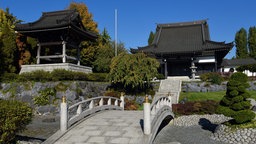 Das "Eko-Haus der Japanischen Kultur e.V." mit dem buddhistischen Tempel und dem Glockenturm im Japanischen Garten im Stadtteil Oberkassel.