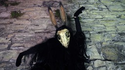 Als "Puca" verkleidet, mit dunkler, wallender Robe und einer Art Hasenschädel-Maske posiert ein Feiernder in Irland an Halloween