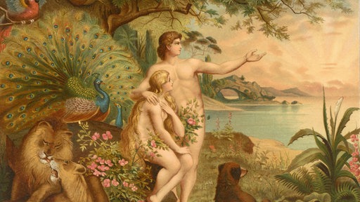 Biblische Szene, Adam und Eva im Paradies, Reproduktion einer Illustration aus dem 19. Jahrhundert.