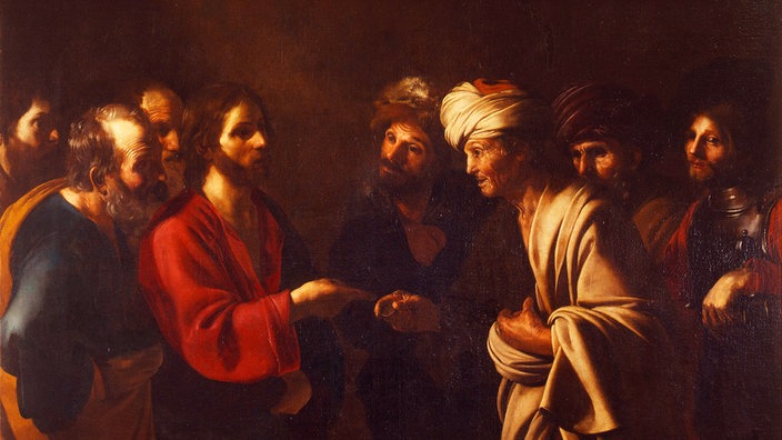 Das Gemälde "Der Zinsgroschen" von Bartolomeo Manfredi (1582 - 1622): Die Pharisäer versuchen, Jesus eine Falle zu stellen. Florenz, Galleria degli Uffizi. 
