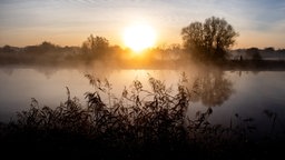 Die Sonne geht am Morgen über einer Wiese auf. Im Vordergrund ist ein Fluss über den leichter Nebel zieht.