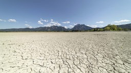 Symbolbild: Wasserloser Forggensee im Frühling, dahinter Tegelbergmassiv und Säuling (Bayern 2025).