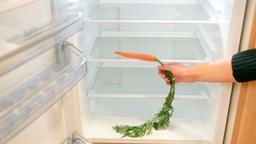 Symbolbild: Eine Person legt eine Karotte in einen leeren Kühlschrank.