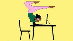 Grafik: Eine Persona macht auf dem Schreibtisch einen Yoga-Handstand, während sie am PC arbeitet.
