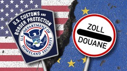 Symbolbild: Zoll-Hinweis-Schilder vor den Fahnen dre USA und der EU
