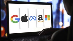 Symbolbild: Die Logos von Google, Apple, Meta, Amazon und Microsoft sind auf einem Laptop-Bildschirm zu sehen